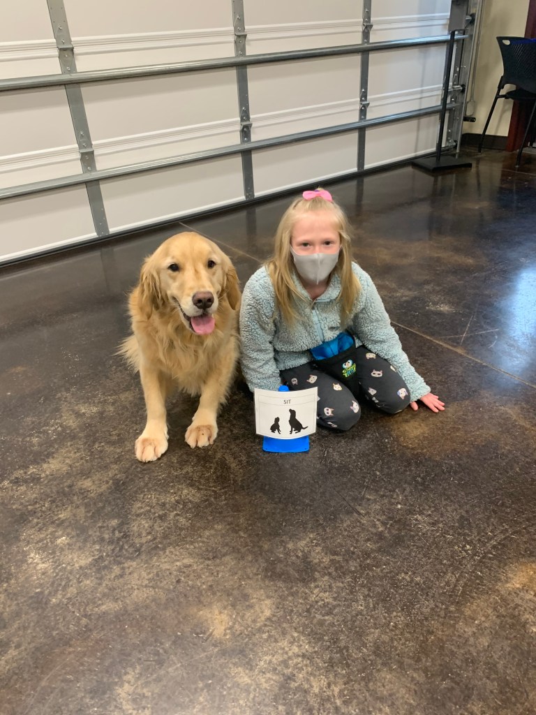 golden retirever and child sitting on floor similarly, child wearing Covid mask