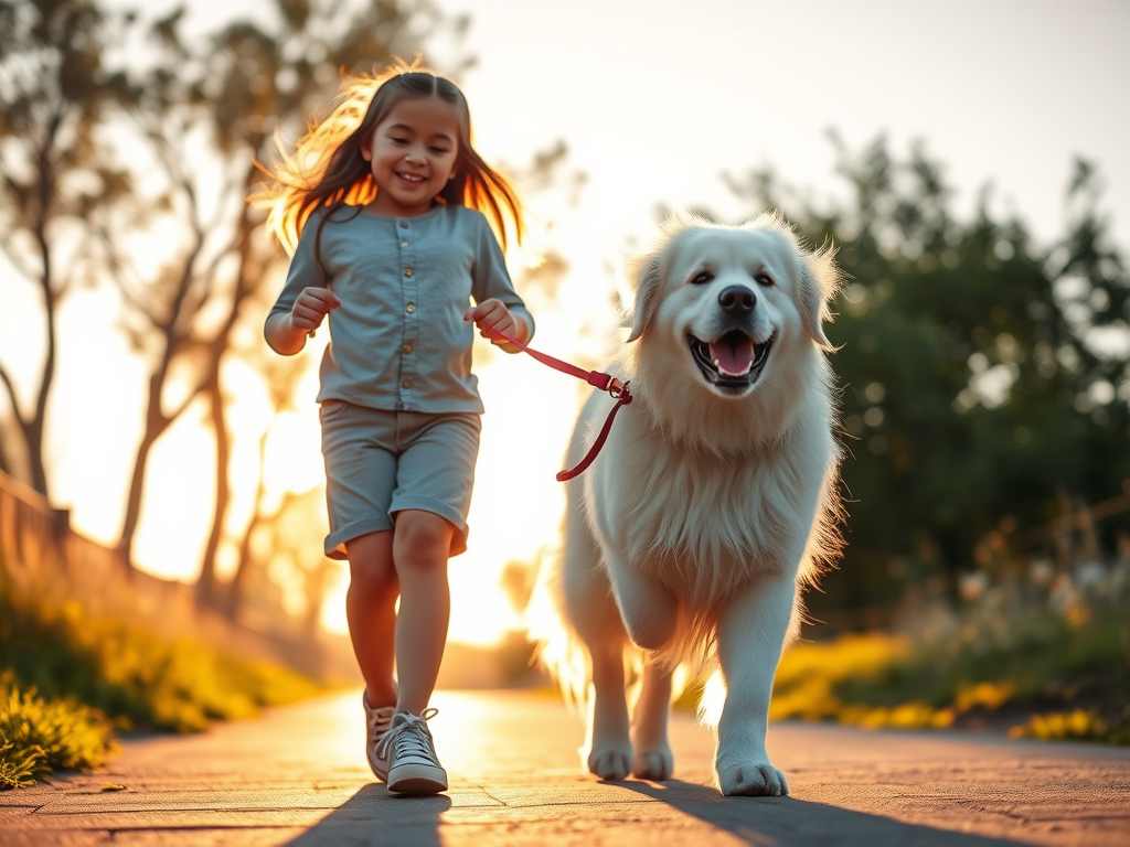 Happy child walking her Great Pyrenees dog on a leash outdoors