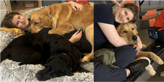 College student hugging her dogs